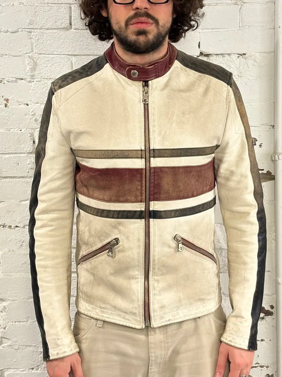 Dolce & Gabbana 2000s Dolce & Gabbana Striped Eroded Cream Leather Moto Jacket Size US S / EU 44-46 / 1 - 2 Thumbnail