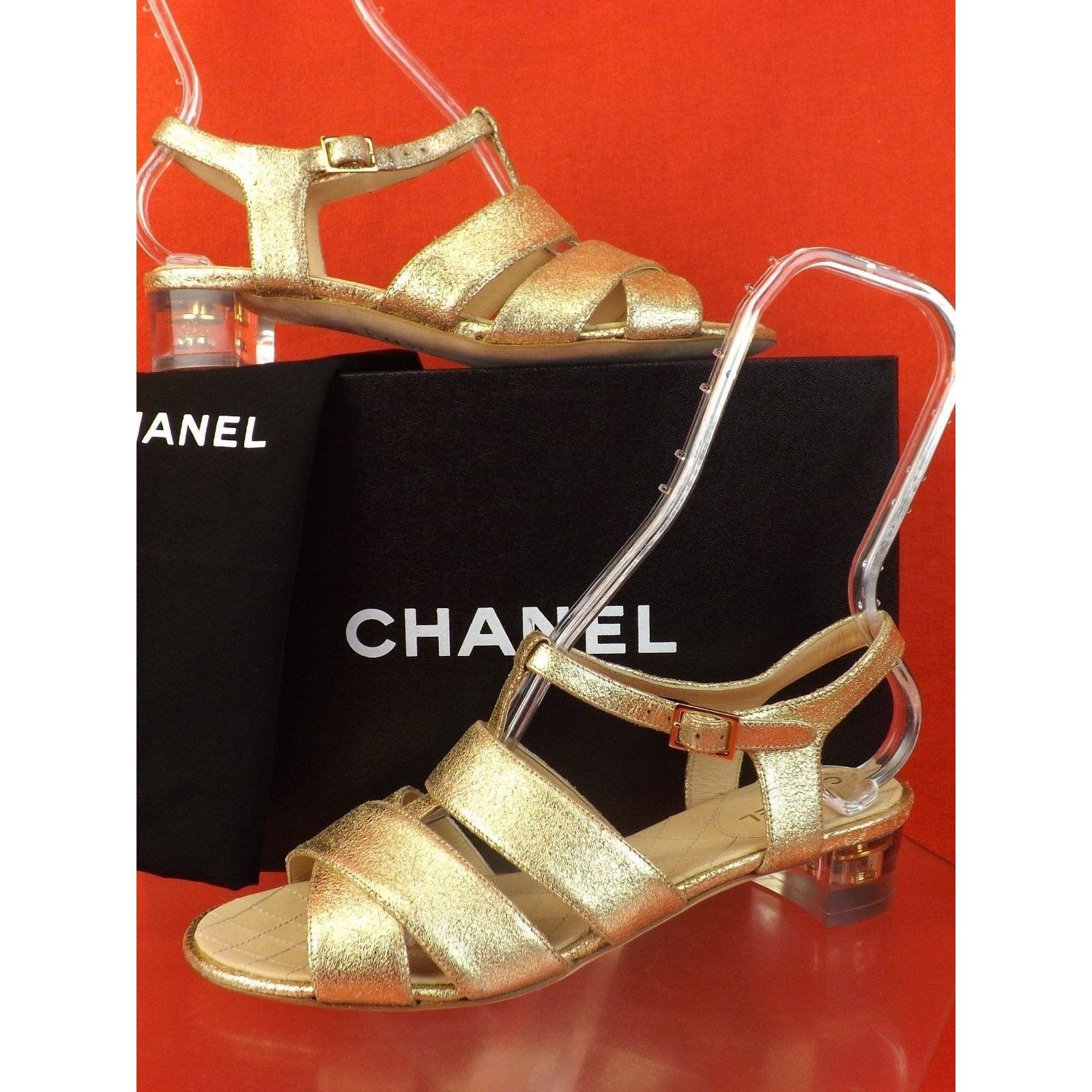 Chanel G30585 GOLD SHIMMER SUEDE CC LOGO LUCITE HEEL SANDALS 38