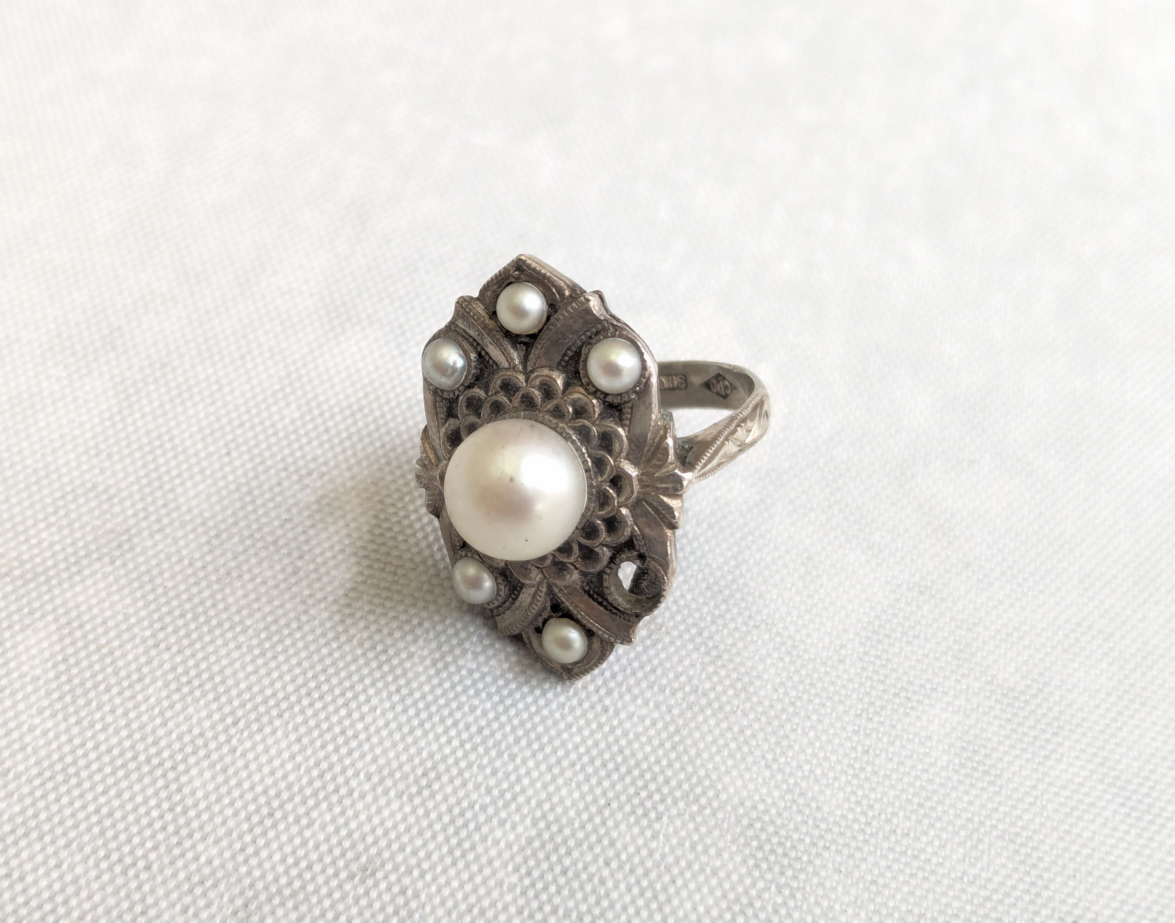 Sterling Silver Ring Pearl Art Deco CPO Toyokoki 6.75