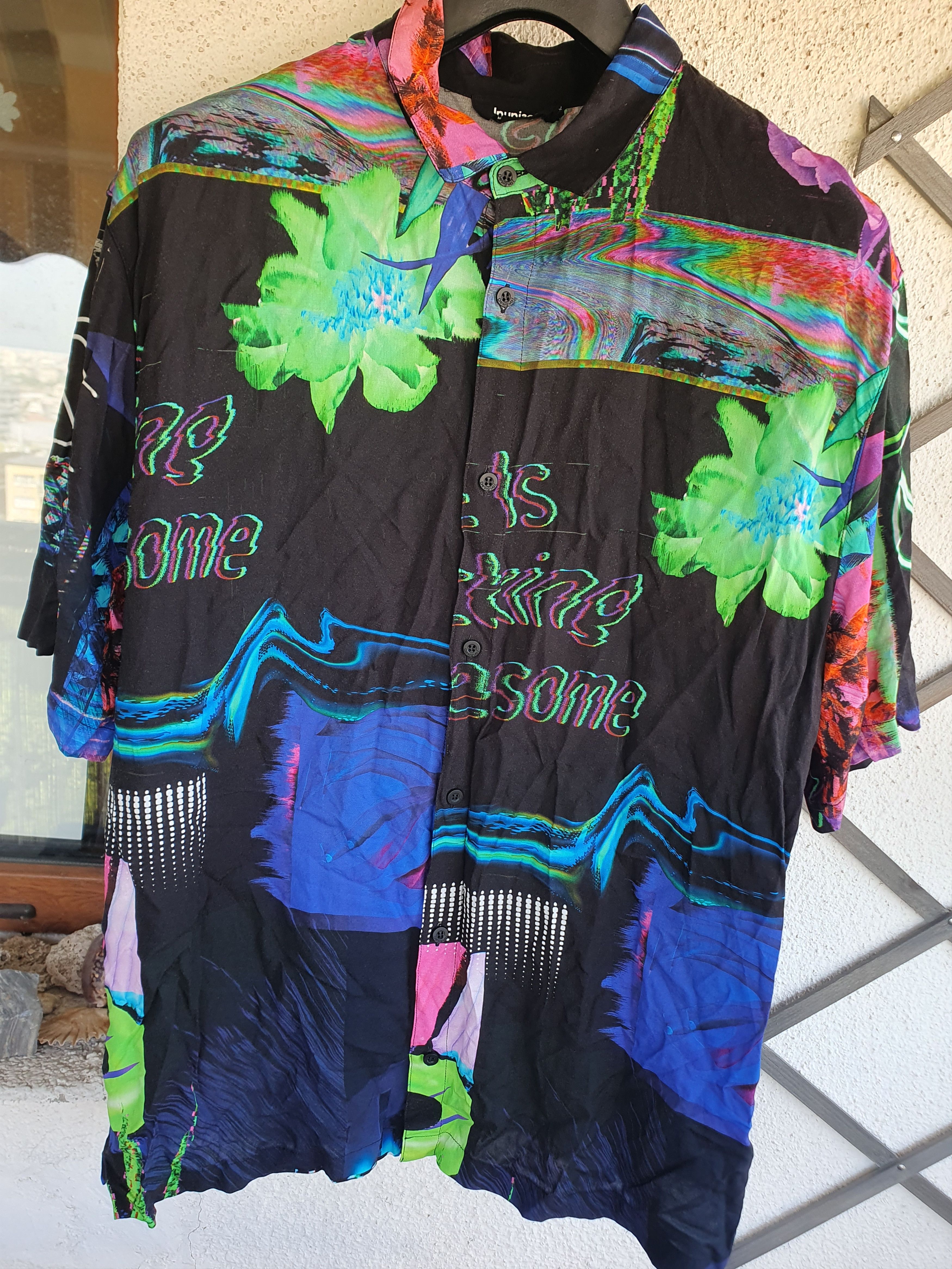 Swagger Desigual Hawaiian Shirt Life is F**** Awesome Neon sz XL Size US XL / EU 56 / 4 - 3 Thumbnail