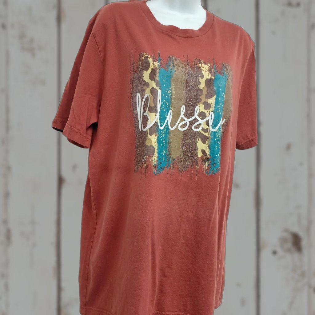 Vintage Blessed Tshirt Women’s XL Brown Striped Animal Print Short Sleeve Crewneck Boho Western Classic Shirt Women Size XL / US 12-14 / IT 48-50 - 1 Thumbnail