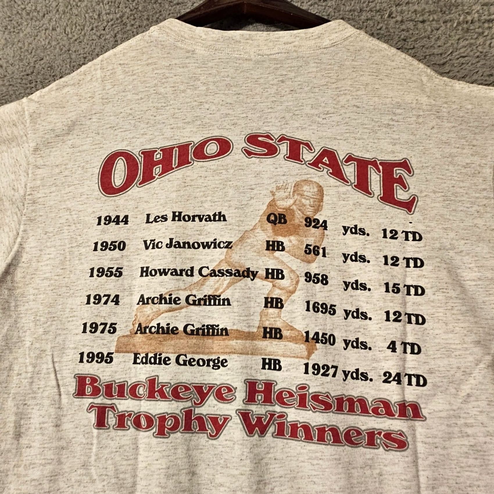 Vintage VINTAGE Oneita Ohio State Buckeyes Heisman Trophy Winners T-Shirt Mens Large Gray 1990s Osu Sportswear Graphic Tee Mens Size US L / EU 52-54 / 3 - 5 Thumbnail