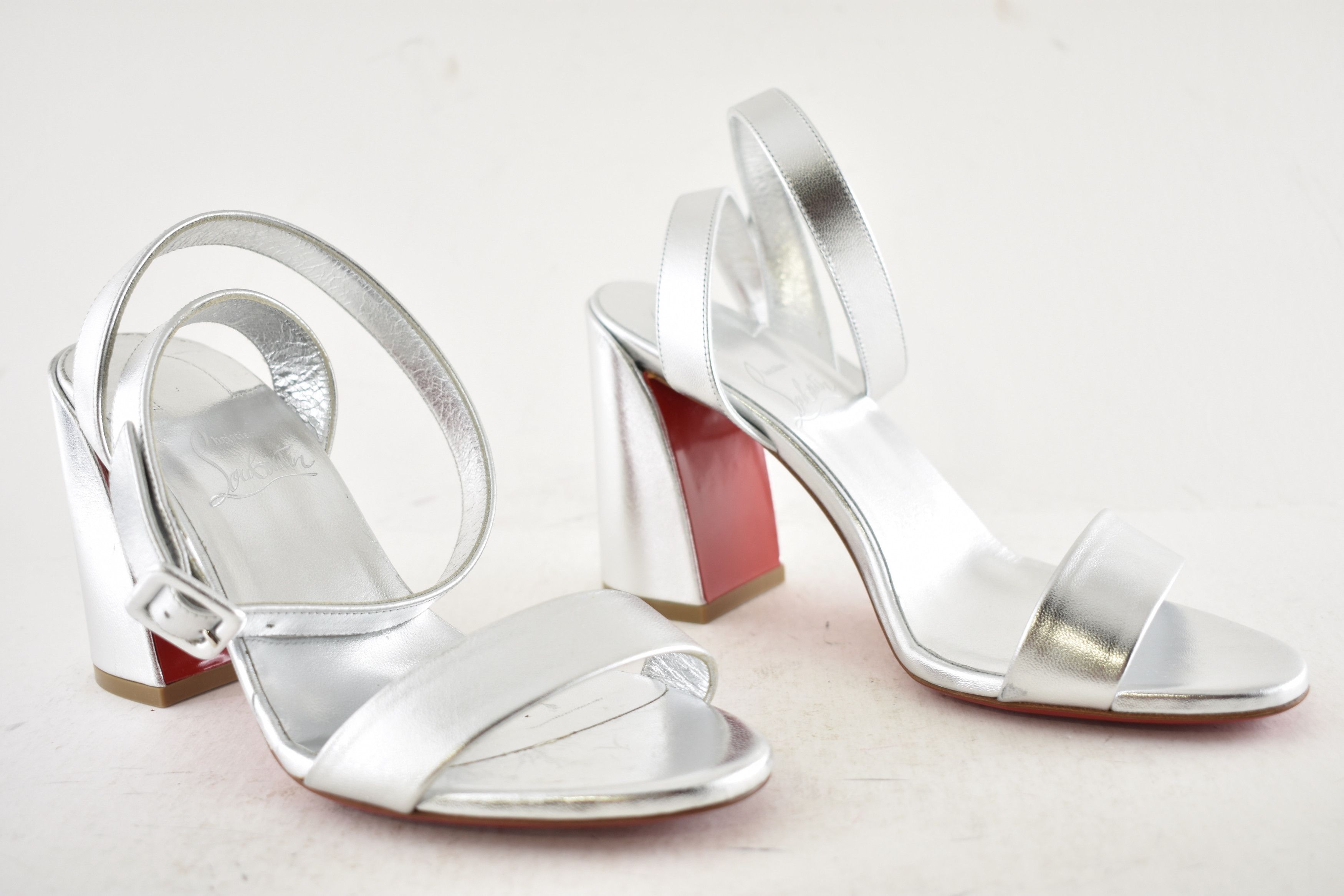 Christian Louboutin Miss Sabina 85 Silver Ankle Strap Block Heel Sandal 36.5 Size US 6.5 / IT 36.5 - 5 Thumbnail