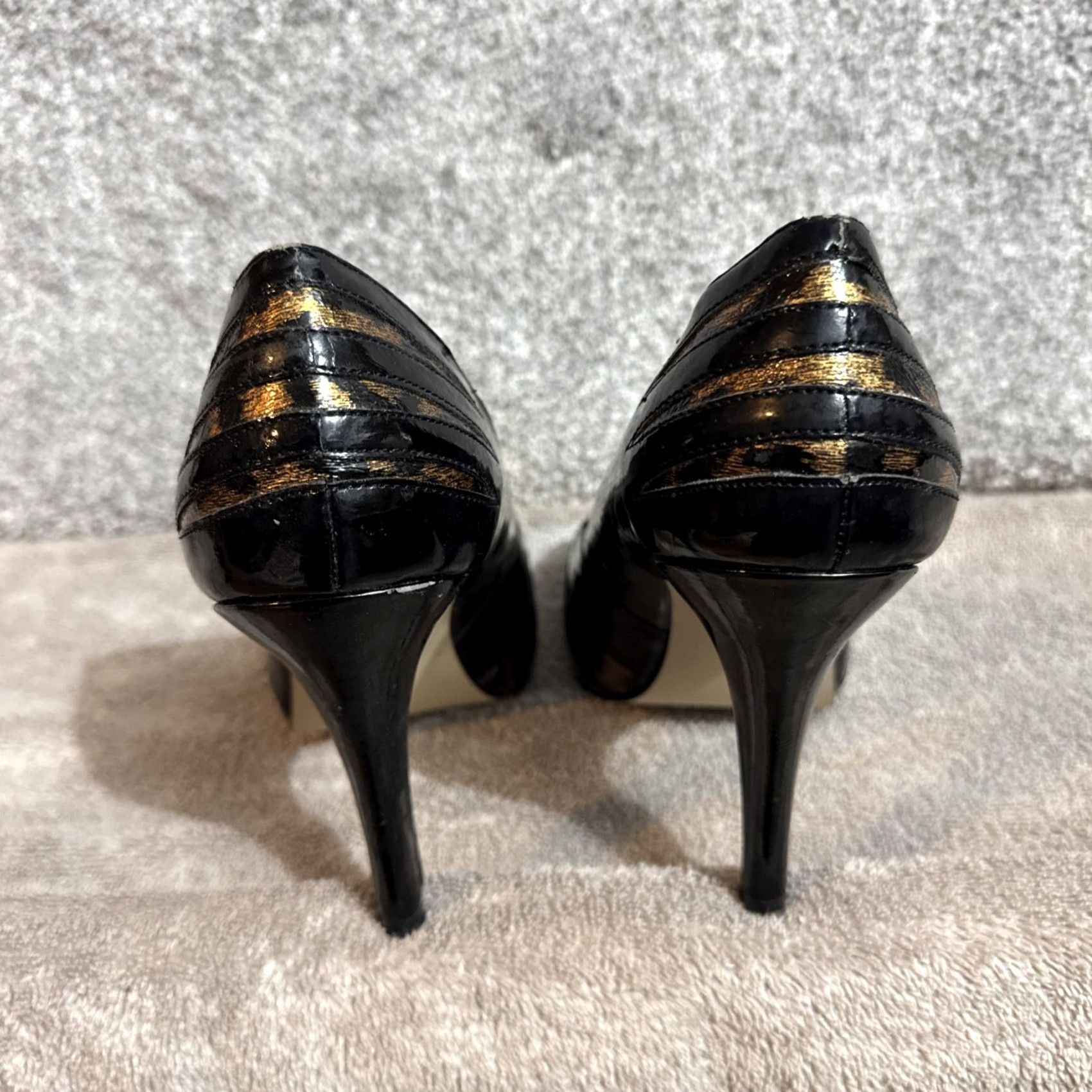 Vintage HIGH Peep Toe Stiletto Womens Size 8 Pump Heel Black Animal Print Party Glam 8 Womens Size US 8 / IT 38 - 5 Thumbnail
