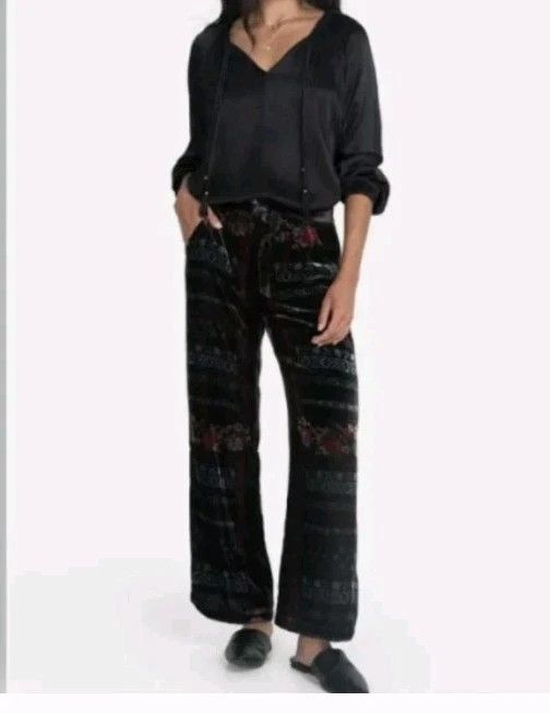 Johnny Was Pants Feza Velvet Black Abstract Belted Boho Party Travel Size 30" / US 8 / IT 44 - 1 Thumbnail