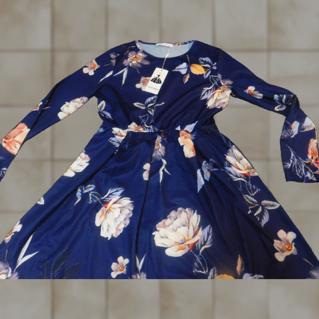 Vintage Angashion Womens Dress A-Line Long Sleeve Mock Neck Blue Floral Knit Nylon Puff Sleeve Casual M Size M / US 6-8 / IT 42-44 - 1 Thumbnail