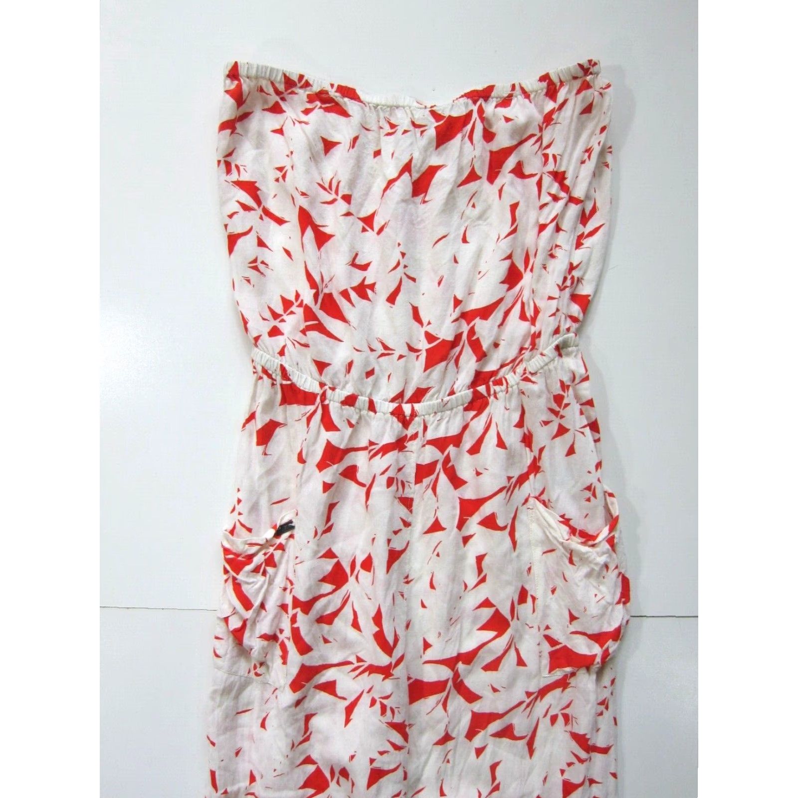 Vintage Roxy Romper Women XS Red Ivory 100% Rayon Strapless Geometric Pocket Jumper Size XS / US 0-2 / IT 36-38 - 6 Thumbnail