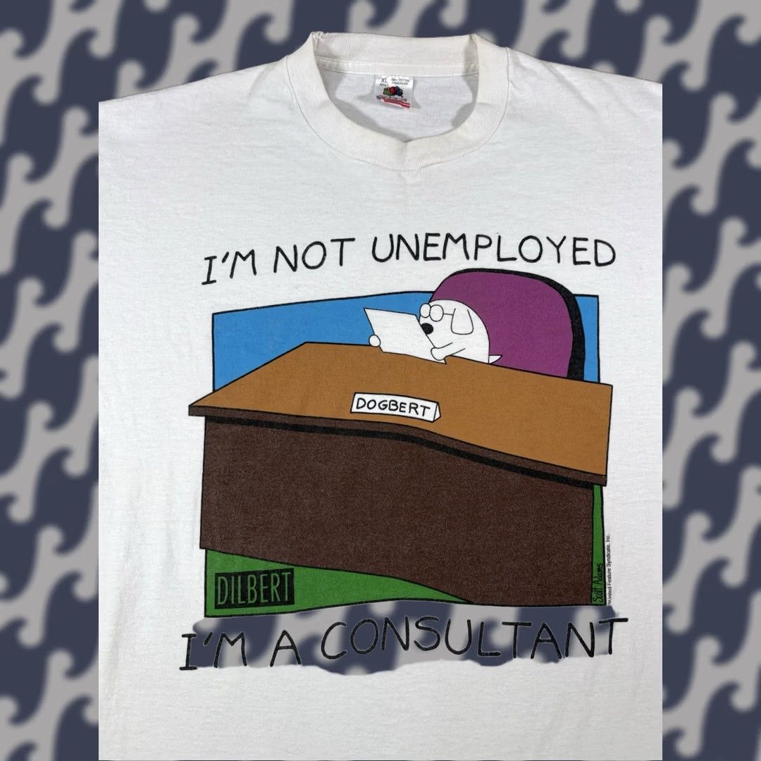 Fruit Of The Loom VINTAGE Dilbert Dogbert Im Not Unemployed Im A Consultant T Shirt XL White Cotton Unisex Adults 90s Funny Cartoon Mens Women Size US XL / EU 56 / 4 - 1 Thumbnail