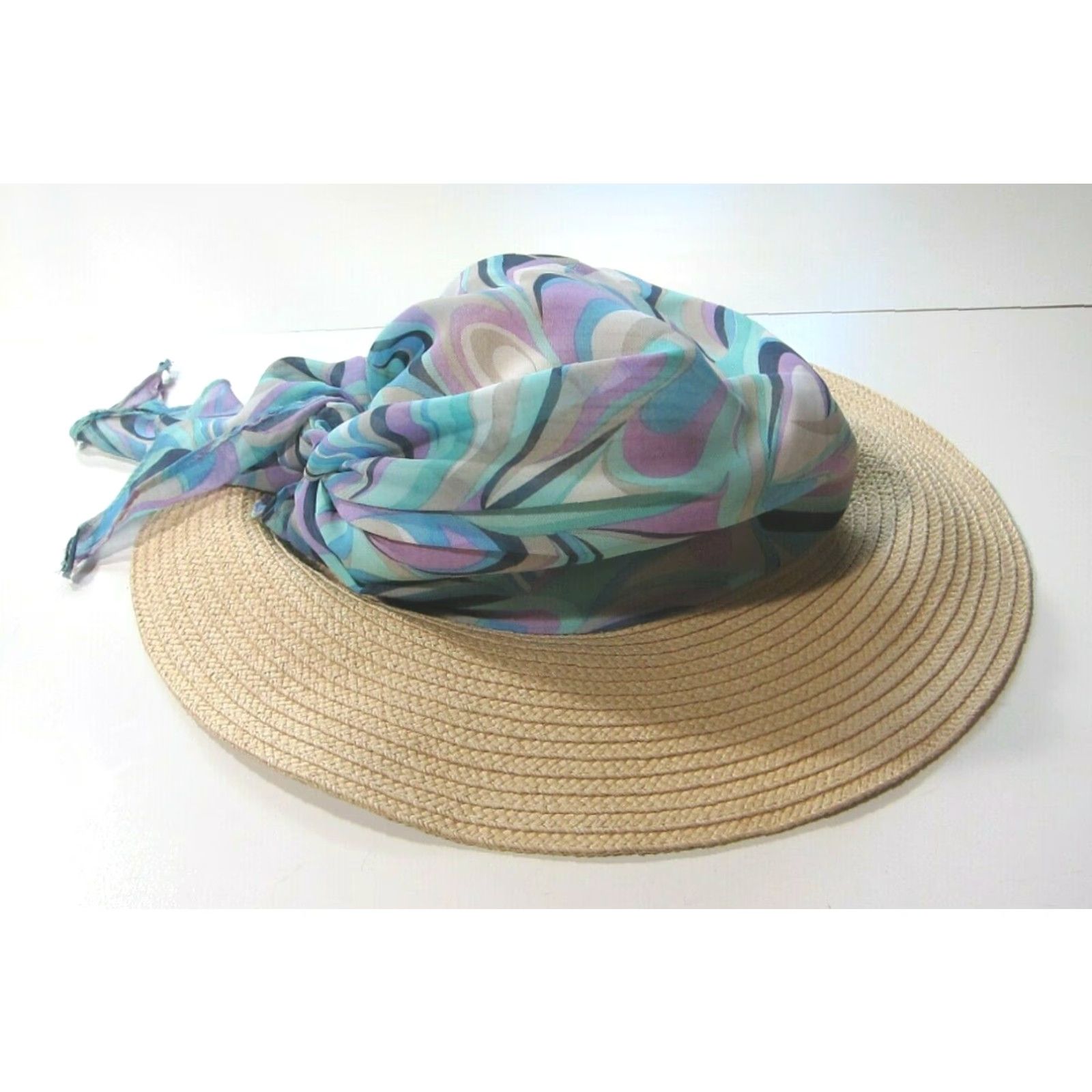 Vintage Sun N Sand Packable Wide Brim Tan Paper Weave Scarf Covered Beach Sun Hat Womens Adult M Brown Size ONE SIZE - 5 Thumbnail