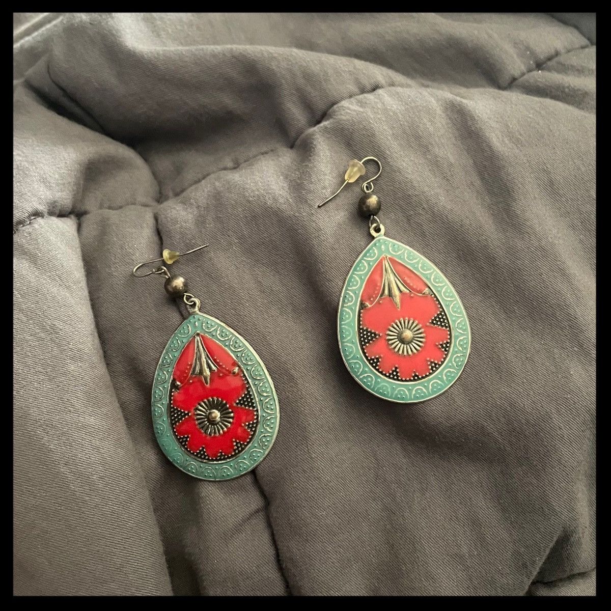 Handmade × Native × Vintage Large red and teal earrings with a touch of boho charm Size ONE SIZE - 3 Thumbnail