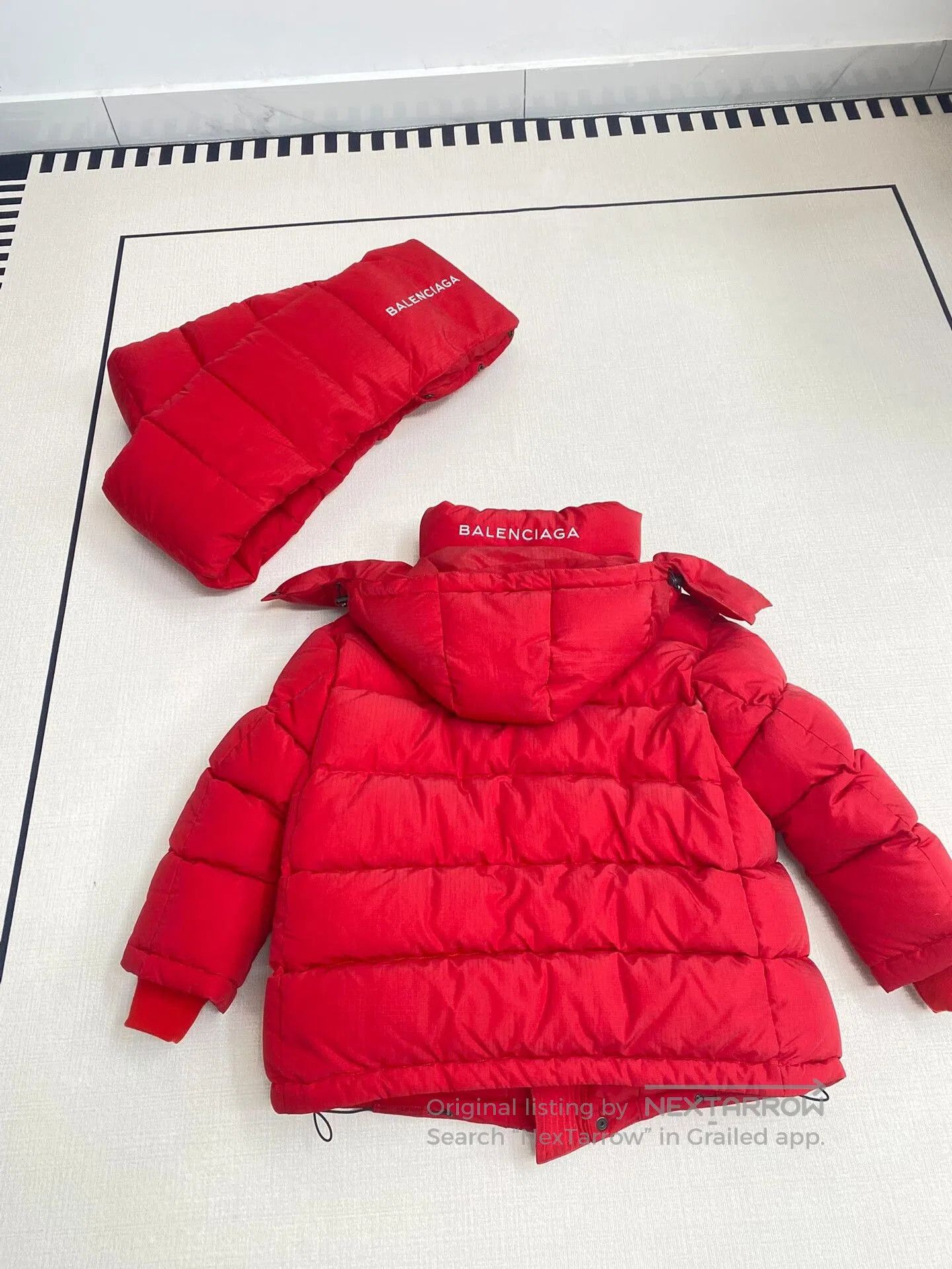 balenciaga red puffer jacket with scarf.