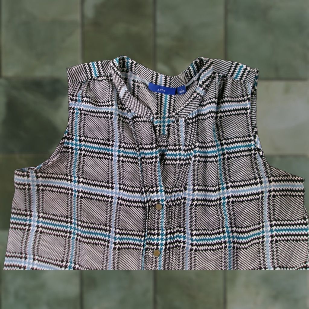 Apt. 9 APT9 Blouse Womens L Black Teal Sleeveless Button Front Plaid Houndstooth Size L / US 10 / IT 46 - 1 Thumbnail