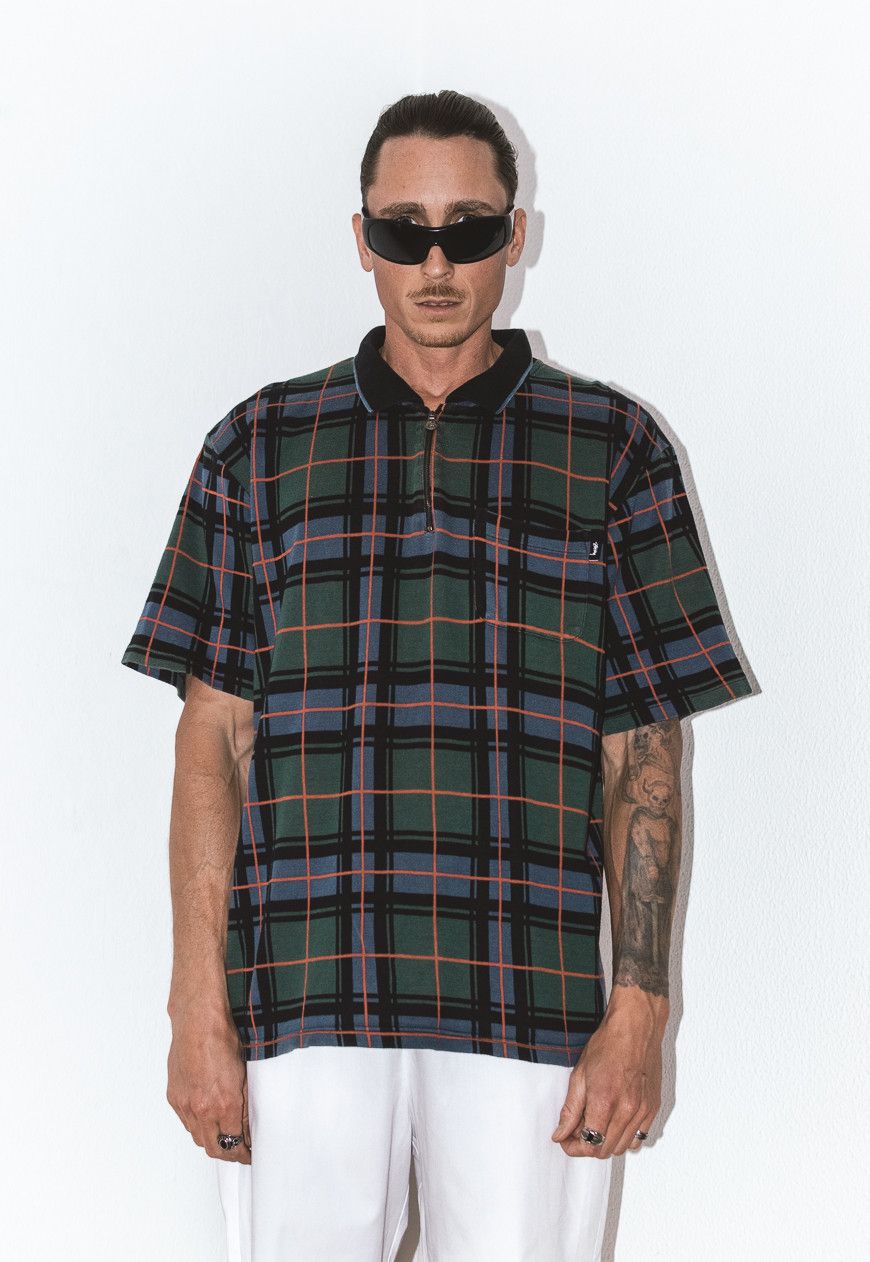 Image of Stussy Oversized Checked Black Green Purple Quarter Zip Polo in Dark Green, Men's (Size XL)