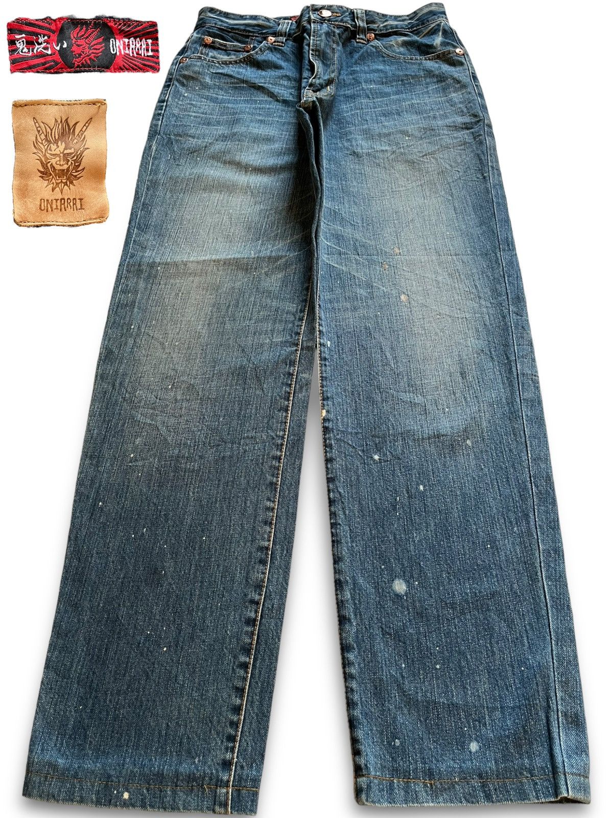 image of 14Th Addiction x Distressed Denim Vintage Japanese Oniarai Paint Splatter Embroidered Jeans in Blue