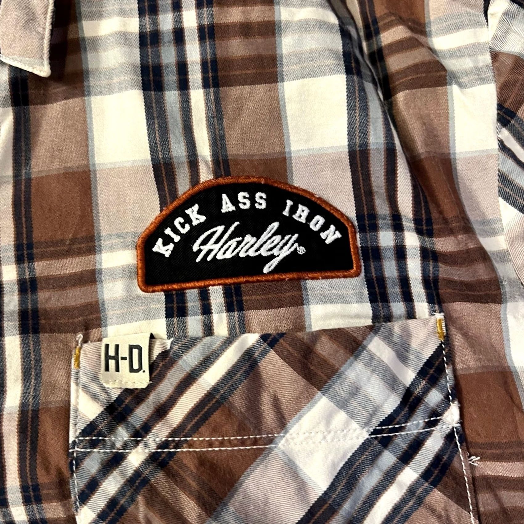 Harley Davidson Harley Davidson Shirt Mens Medium Plaid Embroidered Kick Ass Iron Button Up Brown Long Sleeve Regular Mens Size US M / EU 48-50 / 2 - 2 Thumbnail