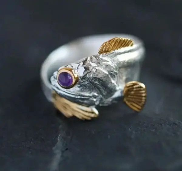 Japanese Brand × Vintage Open Adjustable 🐟 Lucky Purple Eye Fish Ring Size ONE SIZE - 1 Thumbnail