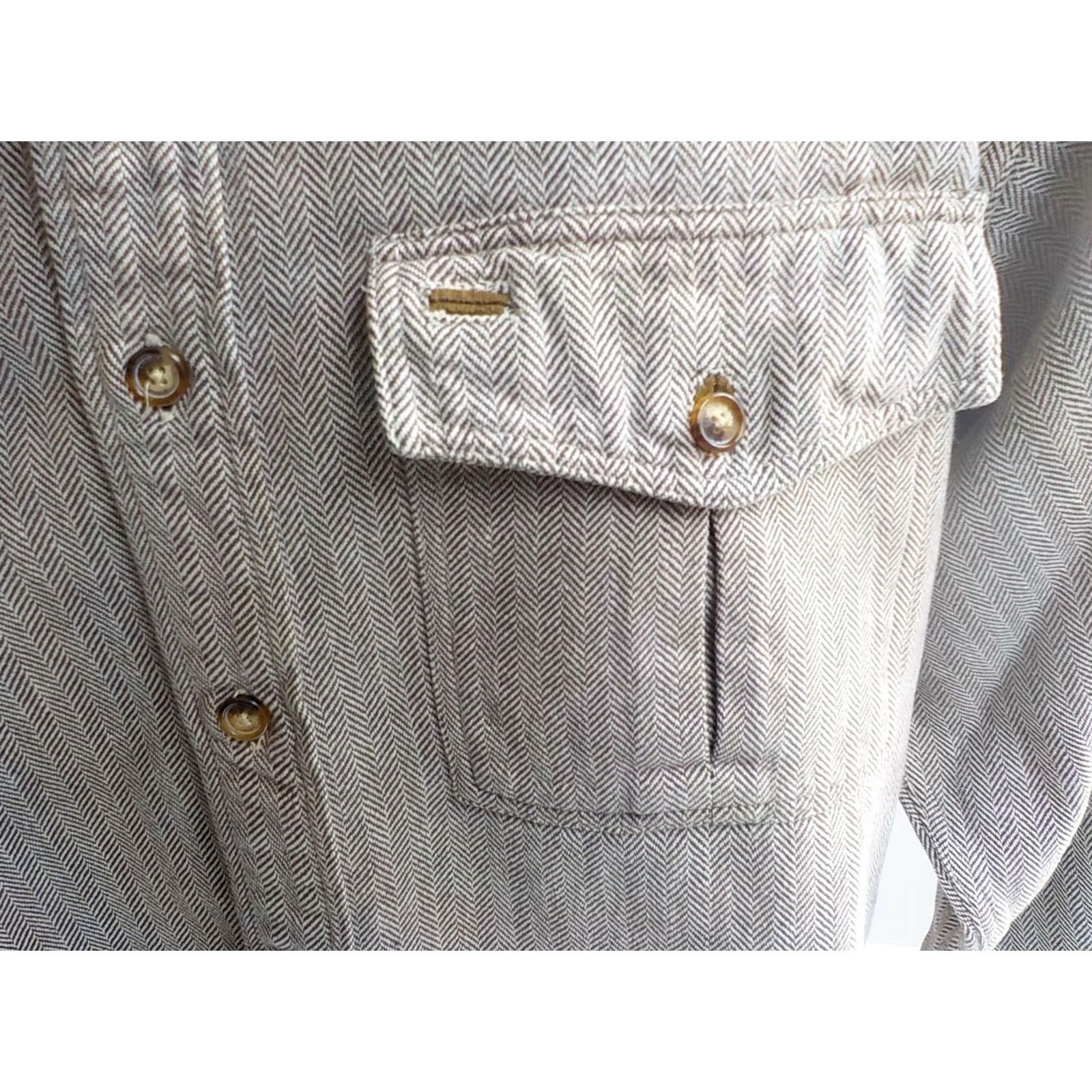 Orvis ORVIS Button Front Shirt Brown Ivory Herringbone Suede Trim Long Sleeve SZ M Mens Size US M / EU 48-50 / 2 - 2 Thumbnail