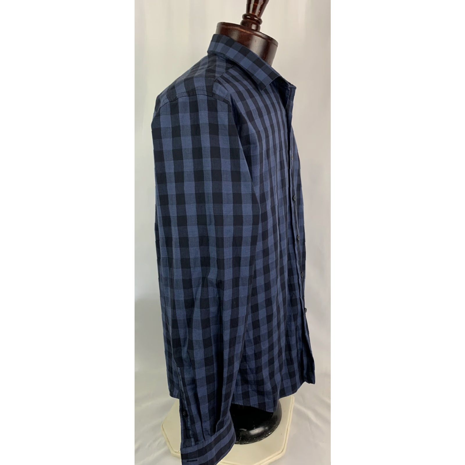 Alfani VINTAGE Large Alfani Slim Fit Stretch Long Sleeve Button Up Blue Plaid Check Dress Shirt Size 42R - 5 Thumbnail