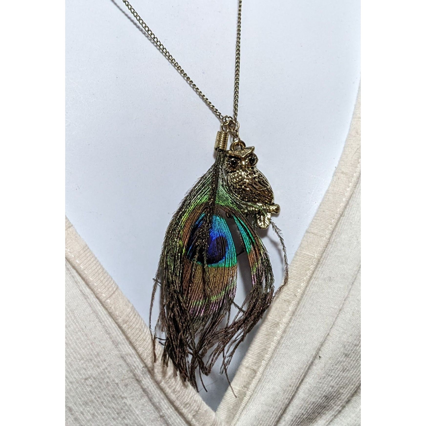 Other Peacock Feather Owl Charm Necklace Size ONE SIZE - 8 Thumbnail