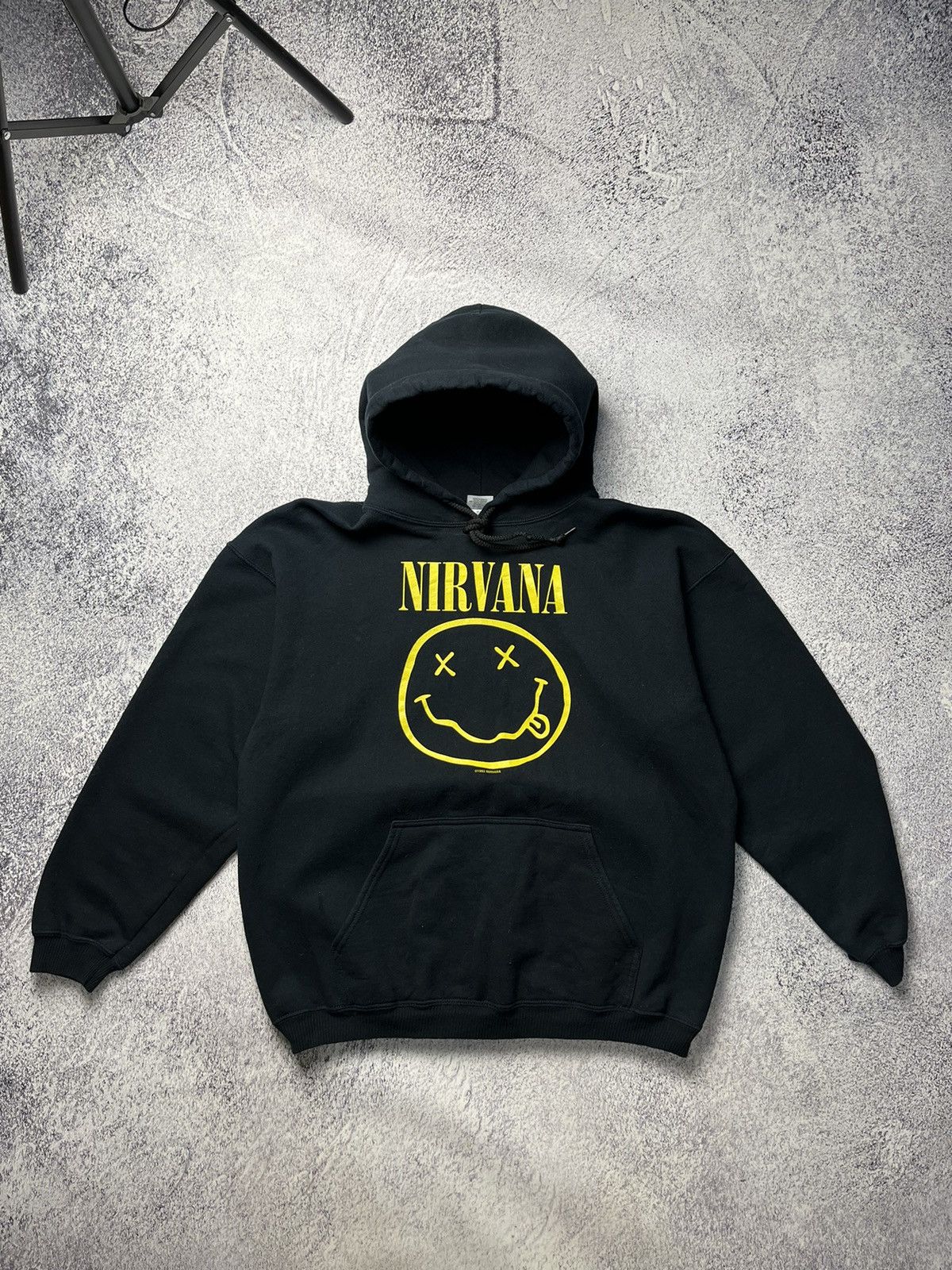 Image of 1992 Vintage Nirvana Smiley Face Band Hoodie 90's Y2K in Blue, Men's (Size Large)