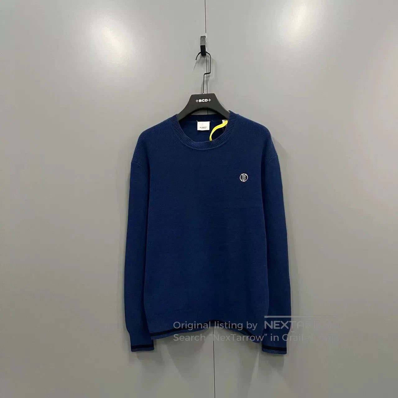 Burberry Dark Blue Logo Embroidered Knit Sweater.