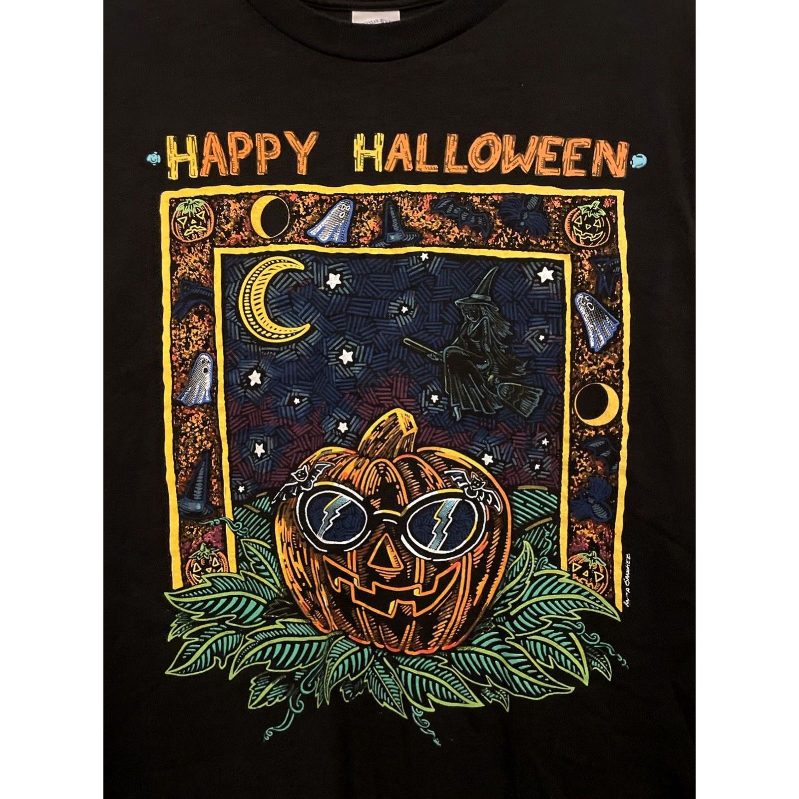 Vintage VINTAGE 1990s Halloween Pumpkin T-Shirt Men M Black Cotton Blend Graphic Tee | Tennessee River | Crew Neck | Jack O Lantern Theme Size US M / EU 48-50 / 2 - 2 Thumbnail