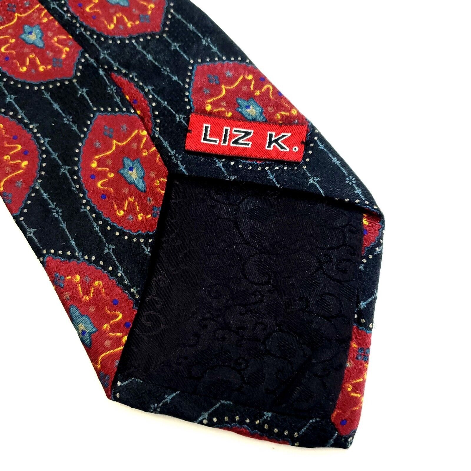 Designer Liz K Jacquard Print Red Black Abstract Short Wide Silk Tie Size ONE SIZE - 3 Thumbnail