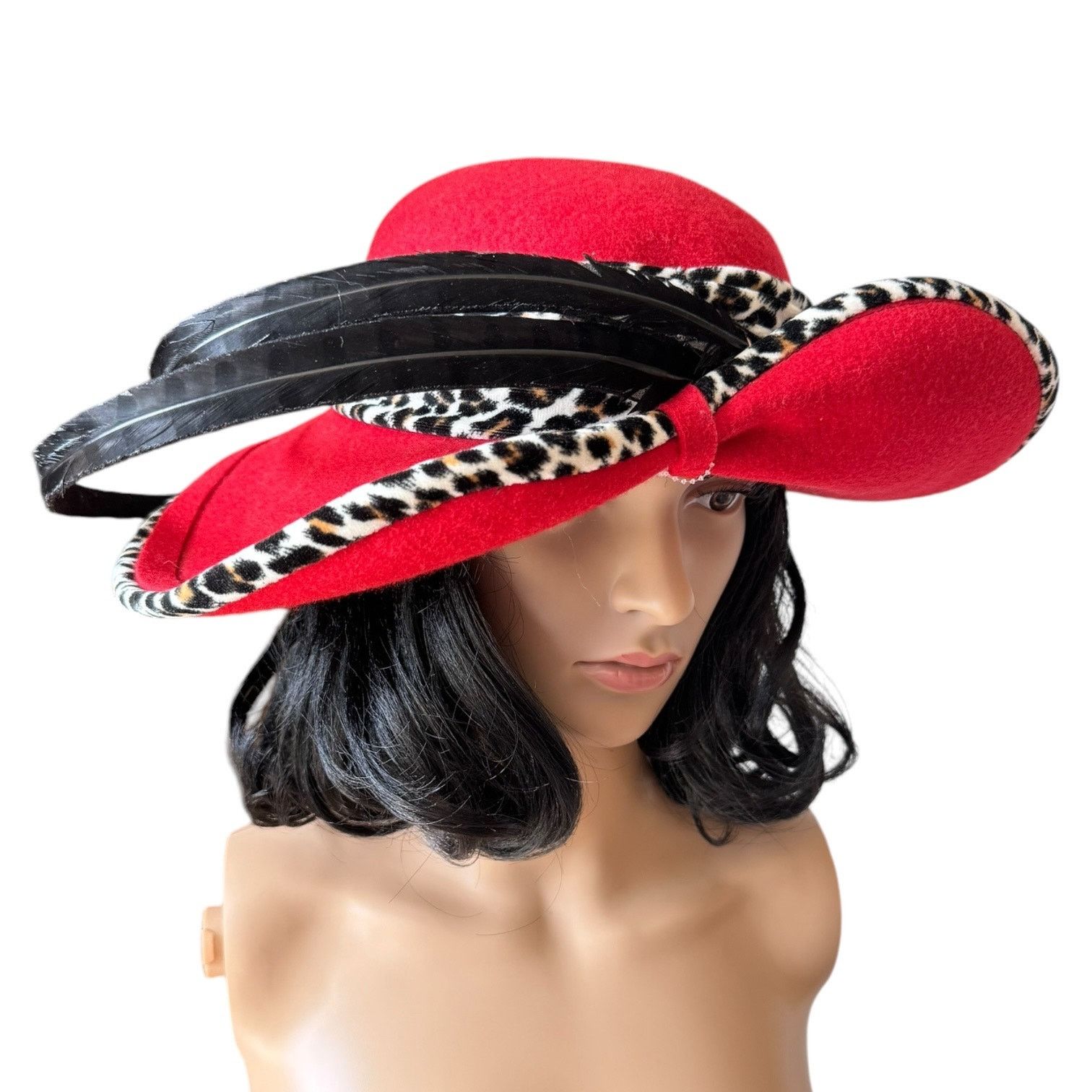 Vintage NWT 1960's Mr. John Classic Hat Red animal print feathers Size ONE SIZE - 3 Thumbnail