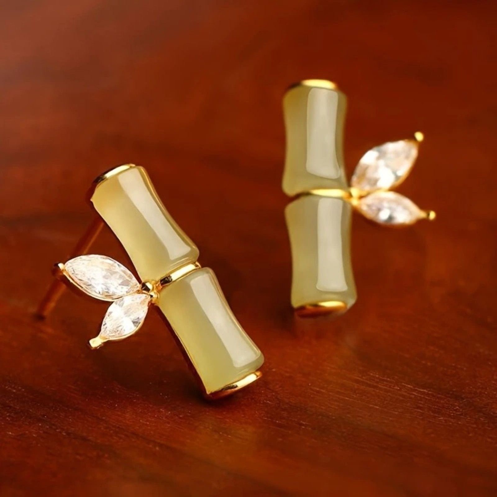 Other Dainty Elegant Bamboo Faux Jade Stud Earrings Crystal Accent Size ONE SIZE - 1 Thumbnail