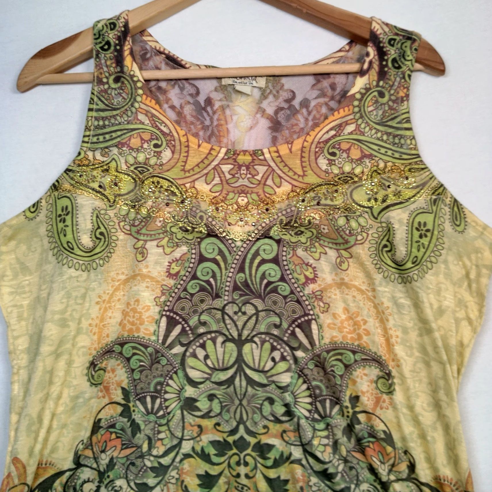 Olive Emerald Tank Top XL Shirt Women Multicolor Paisley Lace Trim Sleeveless Knit Y2K Boho Hippe Spring Summer Regular Size XL / US 12-14 / IT 48-50 - 5 Thumbnail