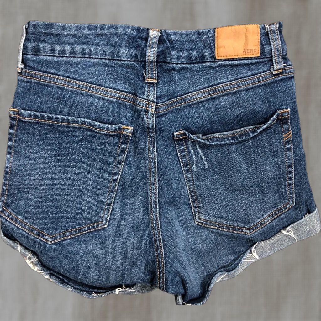 Vintage Aero Shorts Women 2 Midi High Rise Curvy Blue Jean Dark Faded Ripped Holes Size 26" / US 2 / IT 38 - 1 Thumbnail