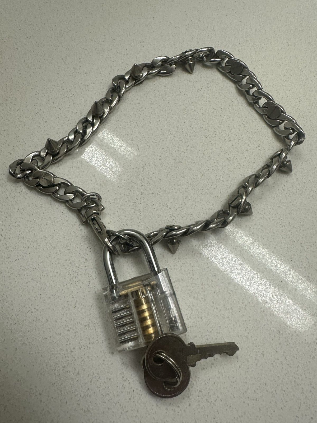 Vintage Silver Stainless Steel Spiked Stud Necklace Choker Lock Key Size ONE SIZE - 3 Thumbnail