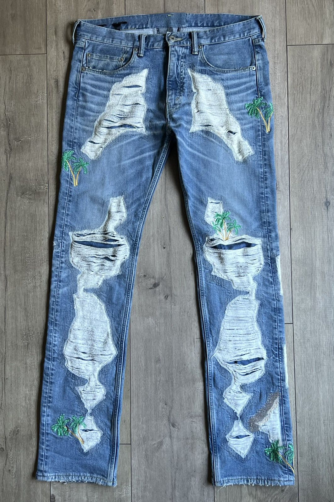 Vlone Vlone Palm Tree Blue Distressed Runway Embroidered Denim | Grailed