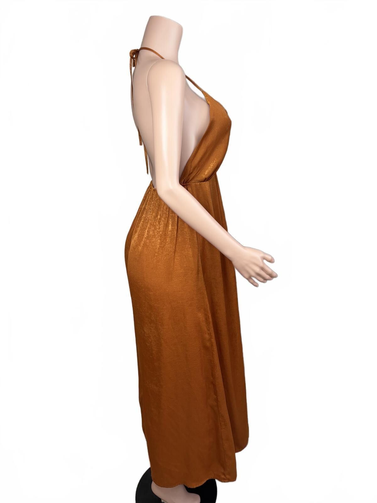 The Unbranded Brand Rust Satin Halter Dress Boho Chic Evening Glow. Small. Size S / US 4 / IT 40 - 5 Thumbnail