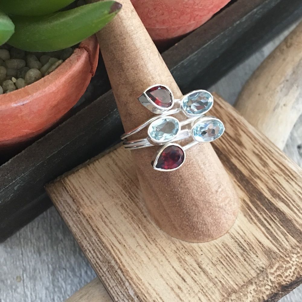 The Unbranded Brand Blue Topaz & Red Garnet Ring Size 8 Sterling Silver Size ONE SIZE - 5 Thumbnail