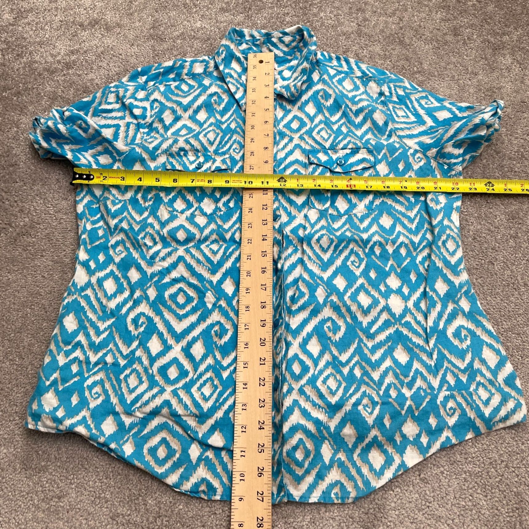 Vintage Kim Rogers Linen Button Down Shirt Womens XL Blue Geometric Aztec Short Sleeve Size XL / US 12-14 / IT 48-50 - 7 Thumbnail