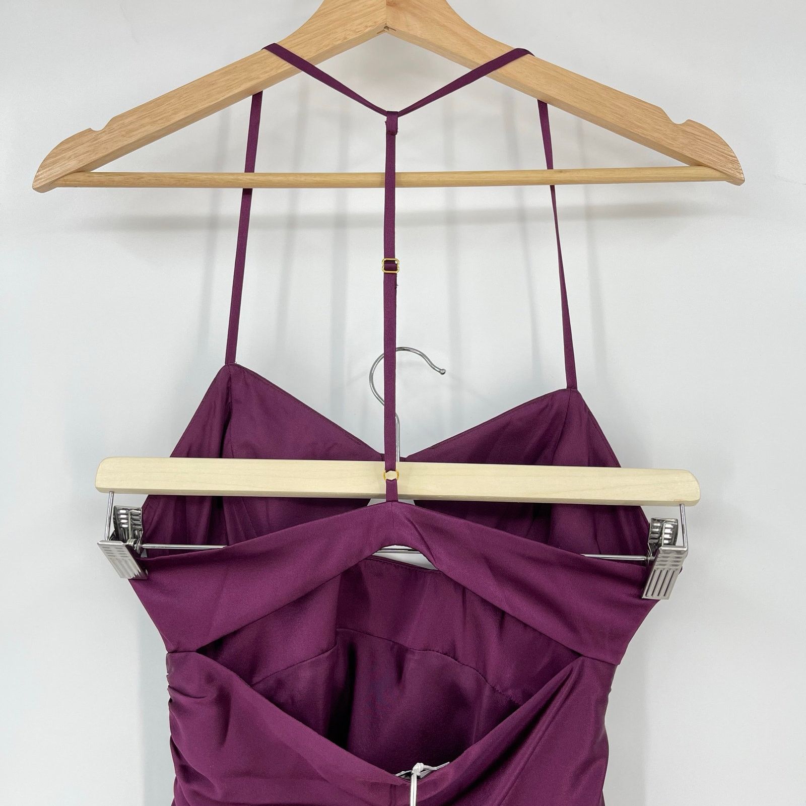 The Sei Ruched Cut Out Silk Midi Dress in Burgundy 2