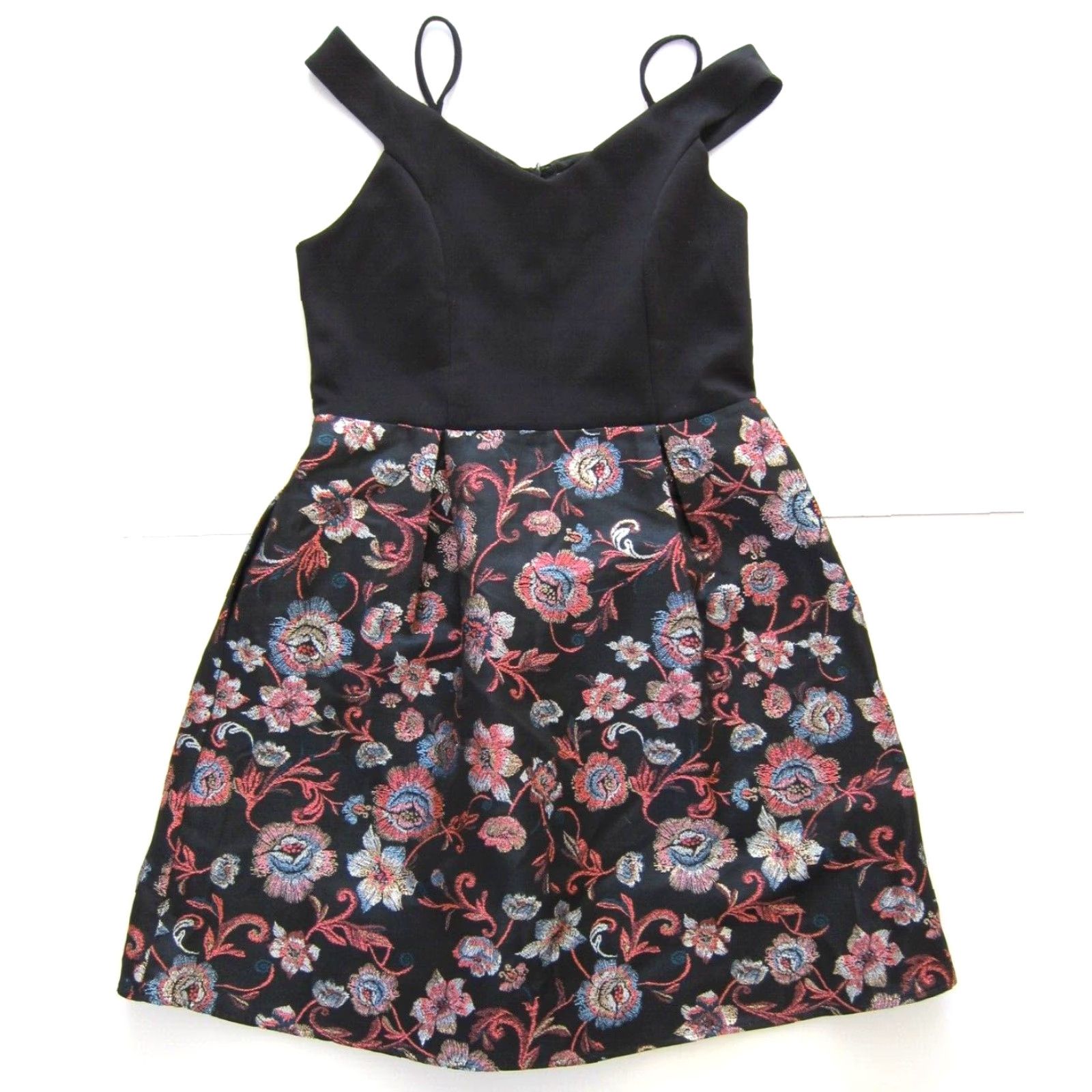 Vintage Francesca's Fit & Flare Dress L - Floral Pink Black Metallic Silver Pockets, V-Neck, Sleeveless, Knee Length, Back Zip, Woman, Coat Size L / US 10 / IT 46 - 2 Thumbnail