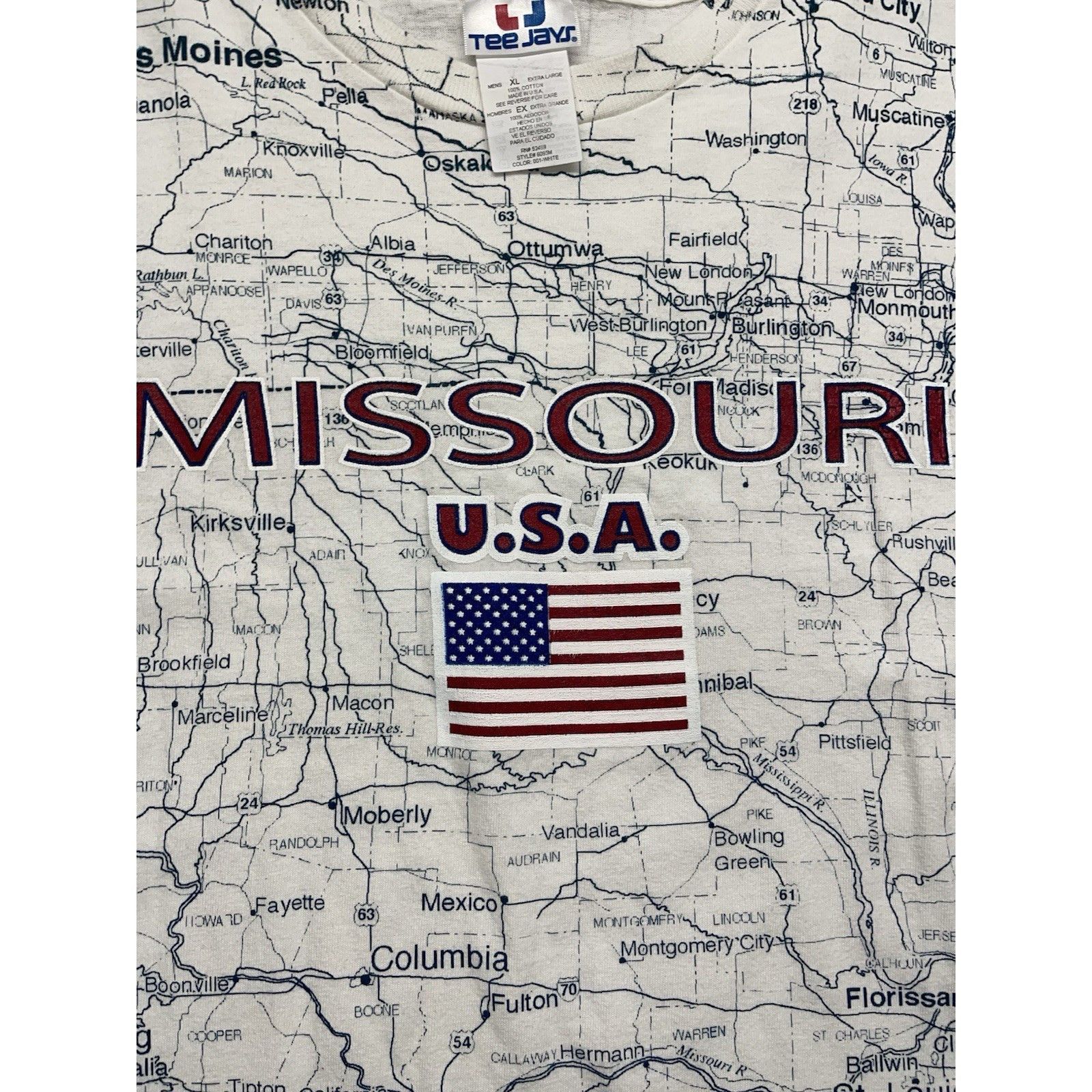 TEE JAYS VTG 90s Tee Jays Missouri USA Map T-Shirt AOP XL White KC St Size US XL / EU 56 / 4 - 6 Thumbnail