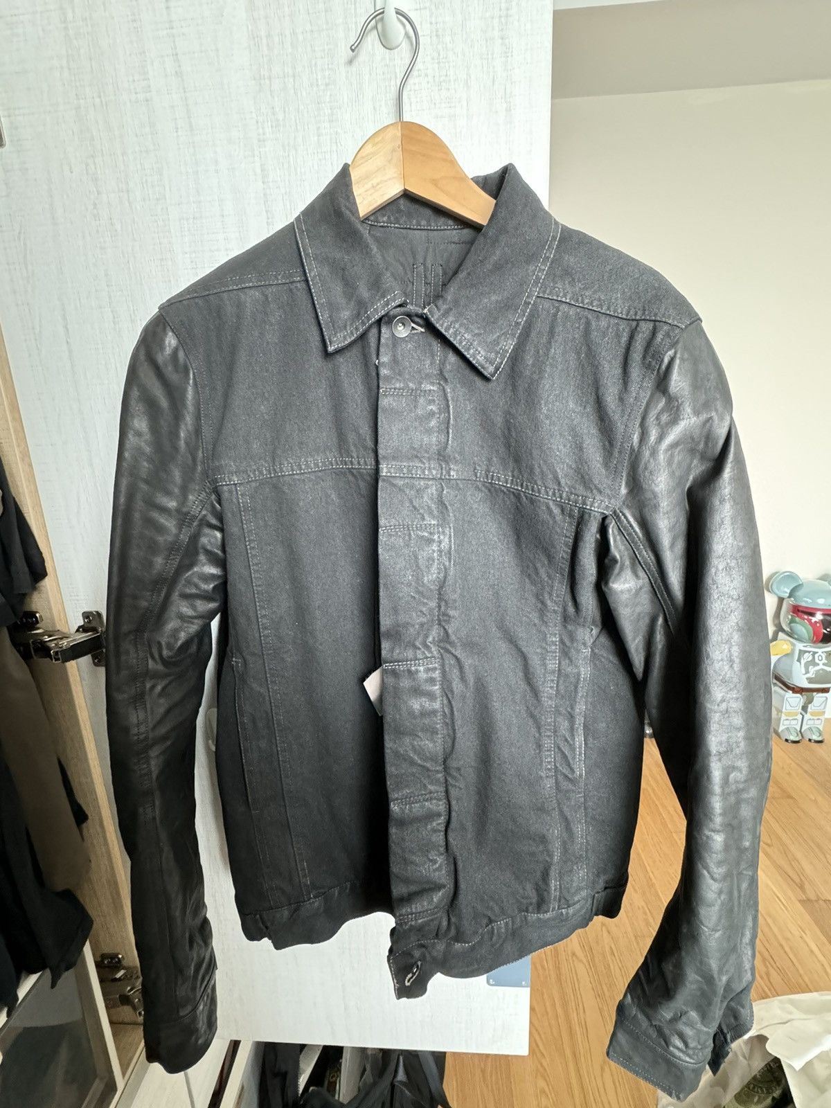 image of Rick Owens x Rick Owens Drkshdw Waxed Denim Jacket With Leather Sleeves in Black (Size Medium)