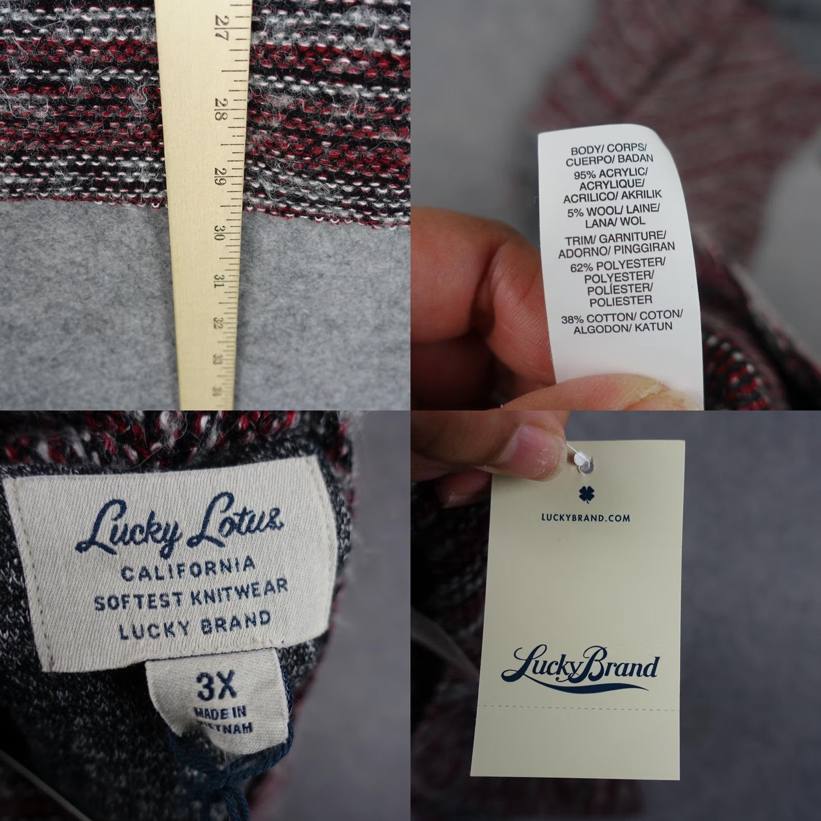 Lucky Brand Lucky Brand Cardigan Sweater Womens 3X Red Gray Stripe Open Front Cozy Knit Size XXL / US 16-18 / IT 52-54 - 8 Thumbnail