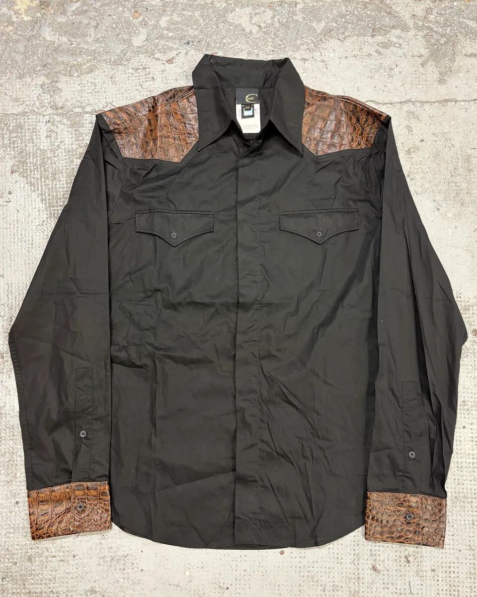 Just Cavalli 2000s Cavalli Black & Brown Crocodile Effect Embossed Leather Shirt Size US L / EU 52-54 / 3 - 1 Thumbnail