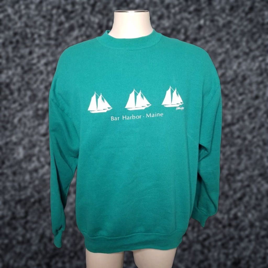 Jerzees VINTAGE Jerzees Sweatshirt Men Large Green Travel Souvenir Maine Sailboat 90s Size US L / EU 52-54 / 3 - 1 Thumbnail