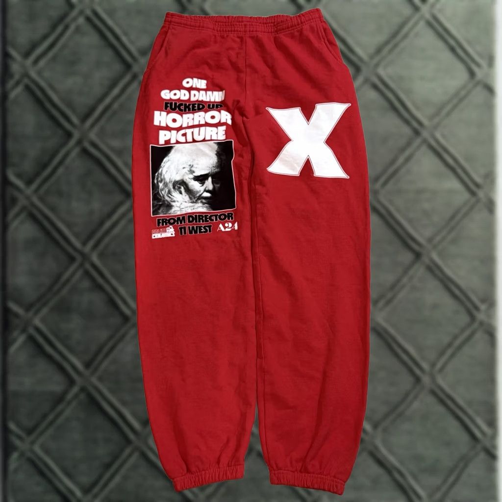 Online Ceramics Online Ceramics x A24 Sweatpants Large Haunted Wagon Ti West MaXXXine Pearl Mens Lounge Pants Red Graphic Print Size US 33 - 1 Thumbnail