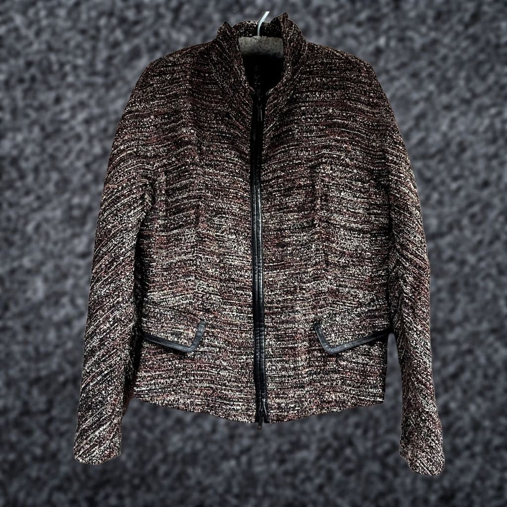 Vintage Lafayette 148 New York Zip Front Tweed Jacket Faux Leather Trim Brown Size 10 Size L / US 10 / IT 46 - 1 Thumbnail