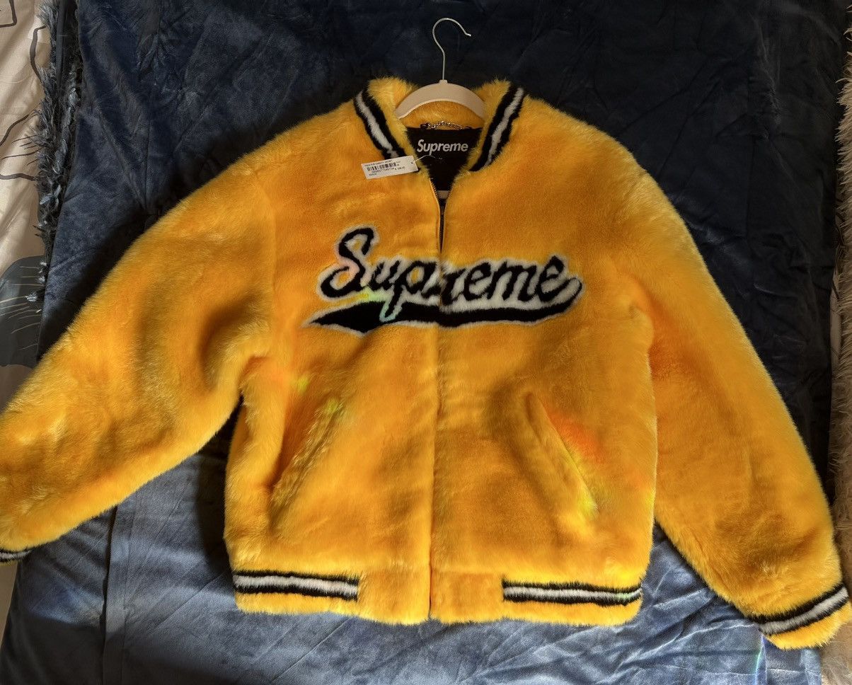 Supreme faux fur varsity best sale jacket yellow