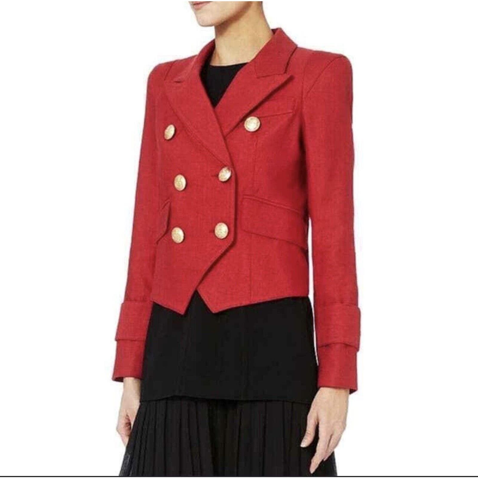 image of Smythe Cadet Jacket Blazer Gold Buttons Scarlet Red Linen 6, Women's (Size Medium)