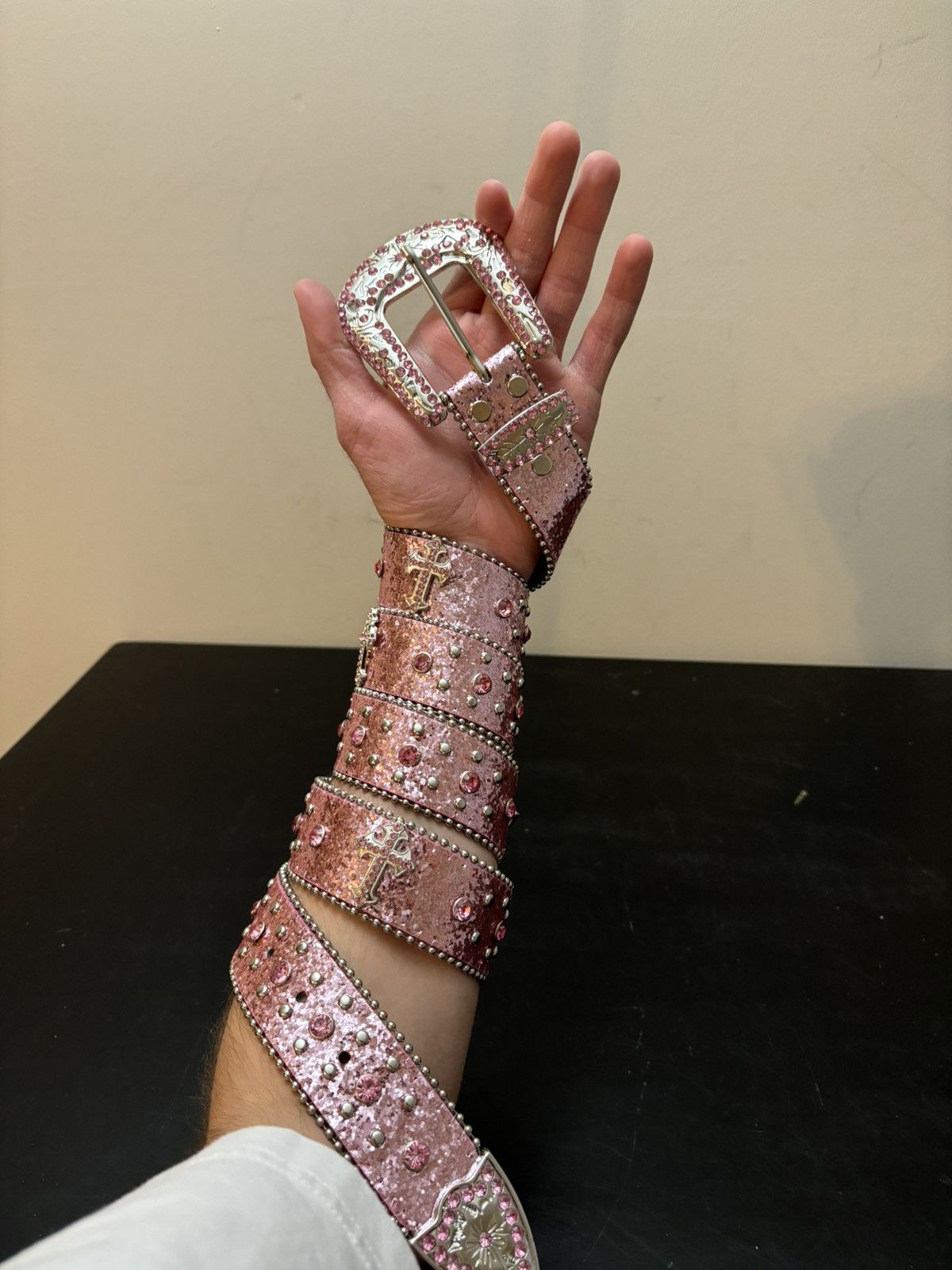 Other Y2K Cross Bedazzled Studded Gemstone Belt Pink Size 38 - 1 Thumbnail