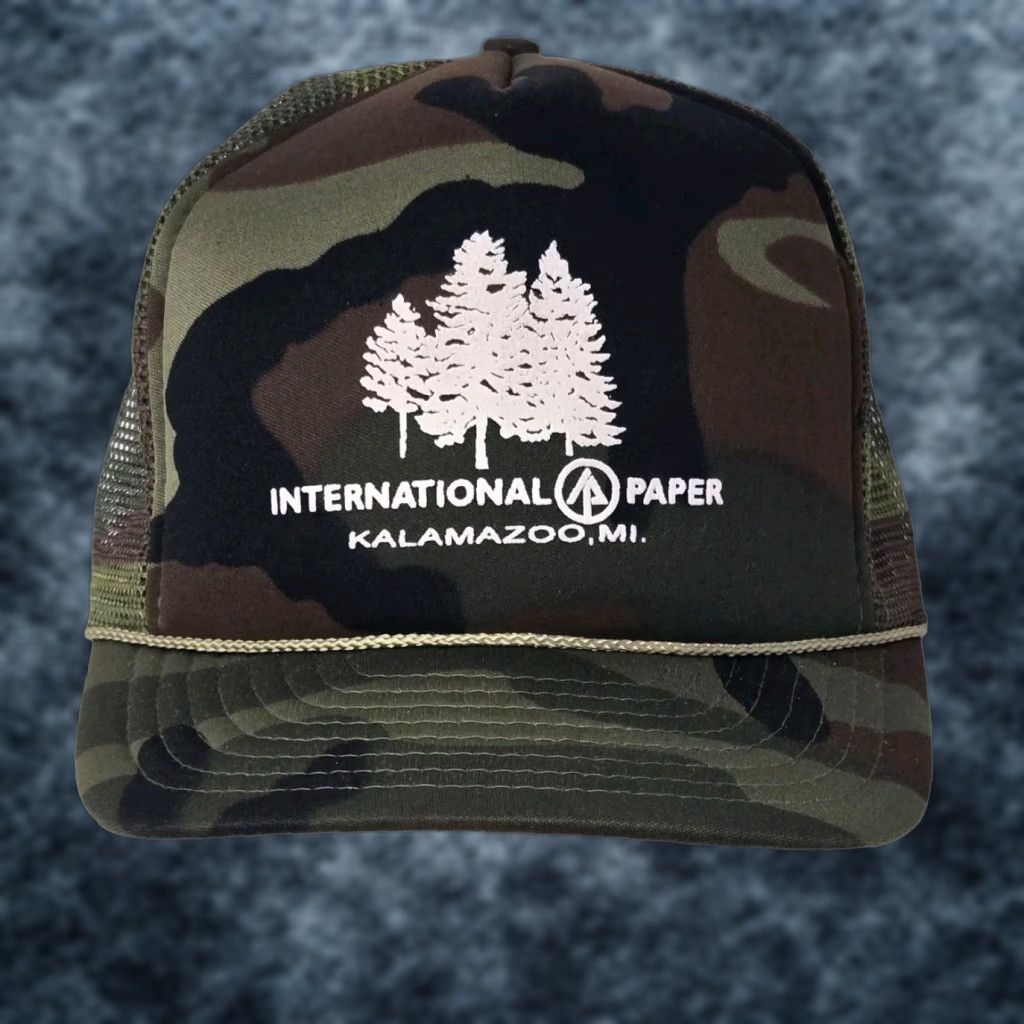 Vintage VTG HaT Trucker Hat Snapback Rope Camo Nylon 1990s Adjustable International Paper Kalamazoo MI Shirt Mens Size ONE SIZE - 1 Thumbnail