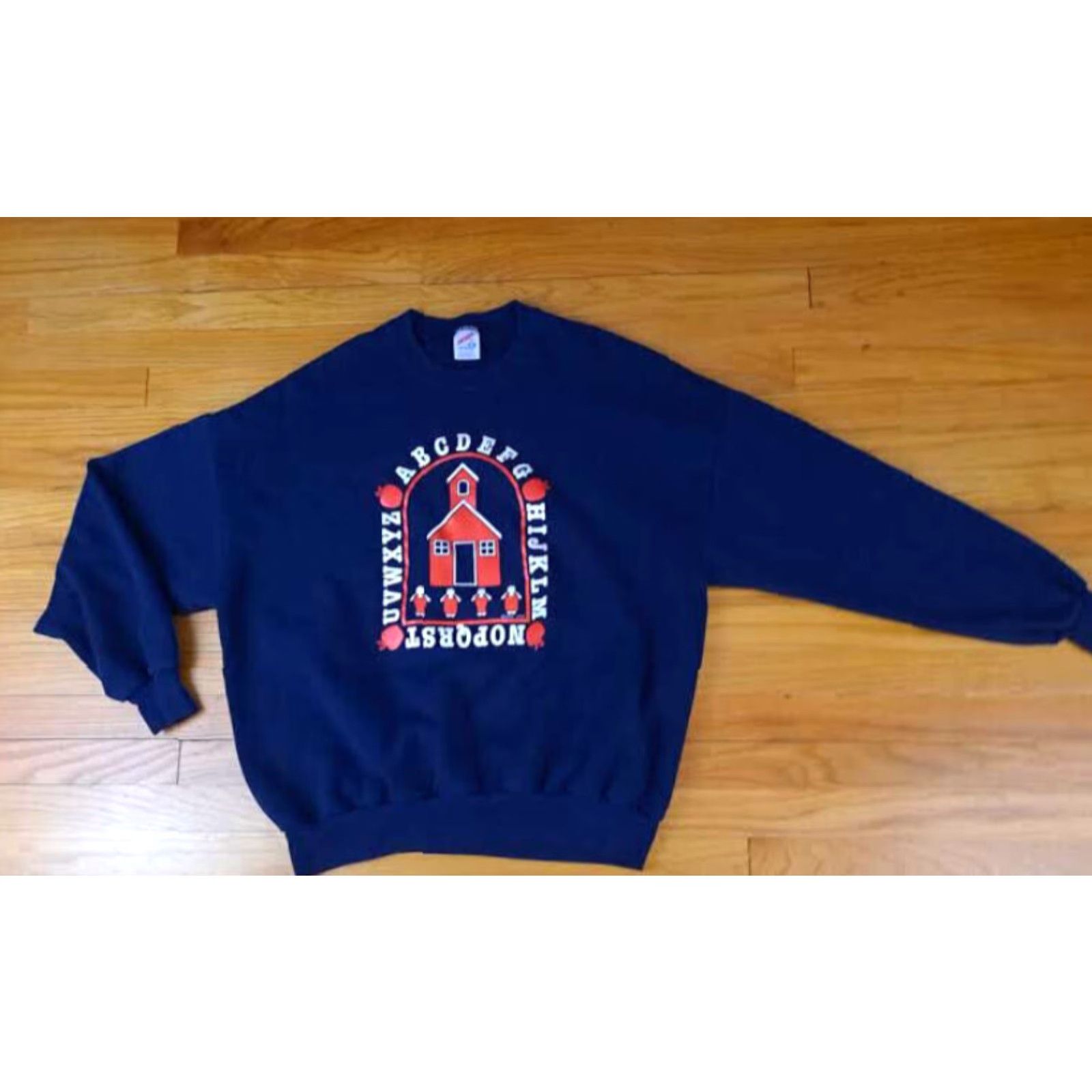 Jerzees VINTAGE Jerzees Sweatshirt 3XL Navy USA Made 1990 Schoolhouse Alphabet Teacher Unisex Adults Pullover Blue Canvas Shirt Keywords Size US XXL / EU 58 / 5 - 5 Thumbnail